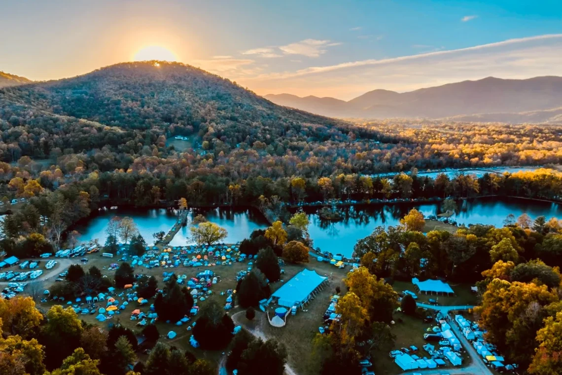 Scenic sunrise over Camp Rockmont in Black Mountain with autumn landscape