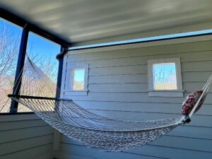 Relax on your hammock on your private deck looking up at the Blue Ridge.